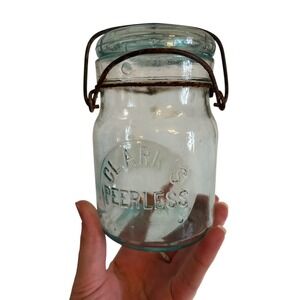 Antique Clarks Peerless Aqua Blue Glass Canning Jar Wire Bail Lid Farmhouse